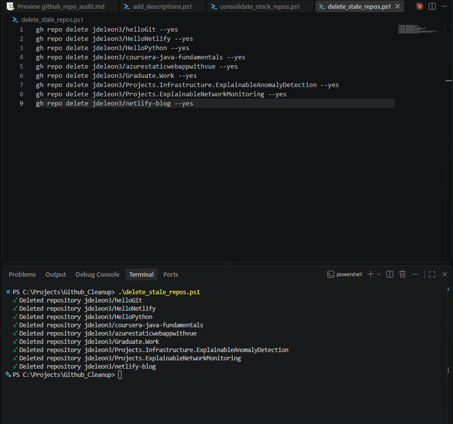 Execution output showing batch deletion of stale repositories with green checkmarks