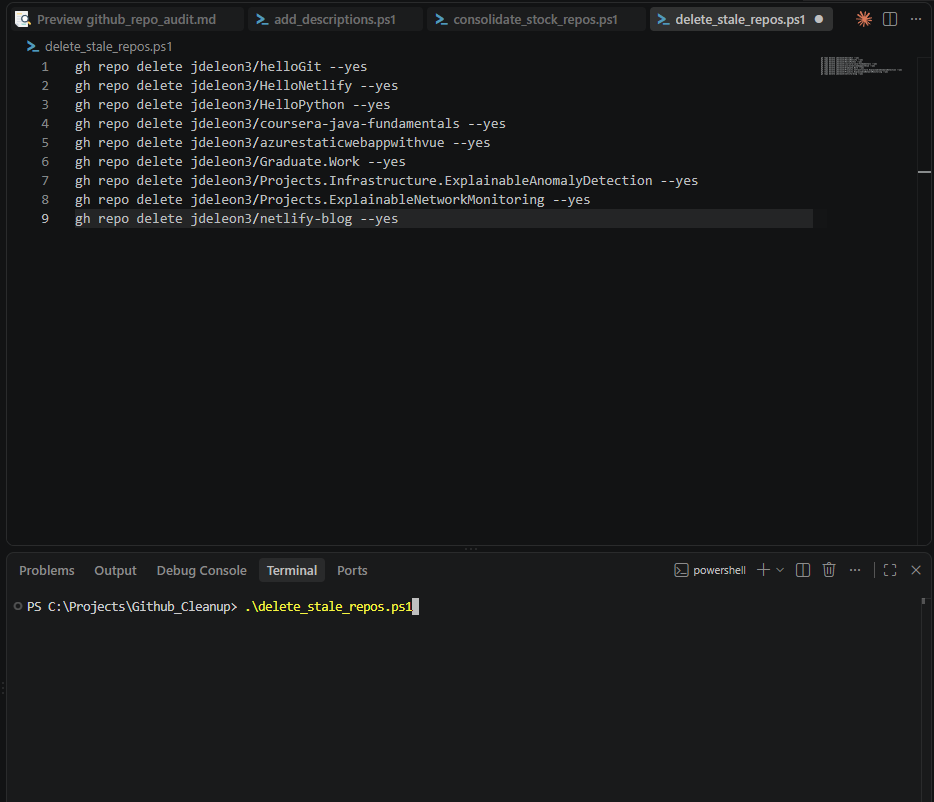 Staging deletion scripts in VS Code terminal before execution