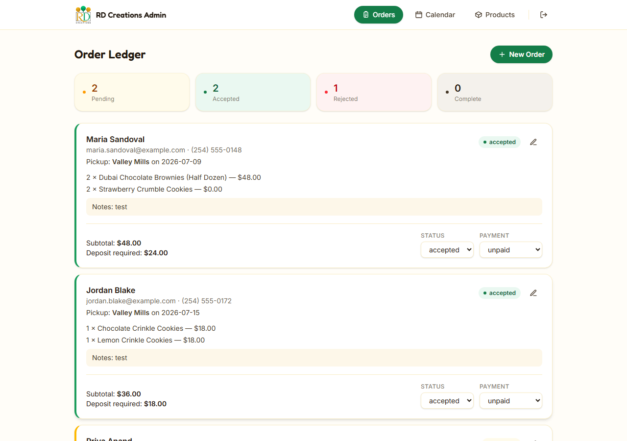 Admin order ledger with status and payment controls (customer details shown are sample data, not real orders)