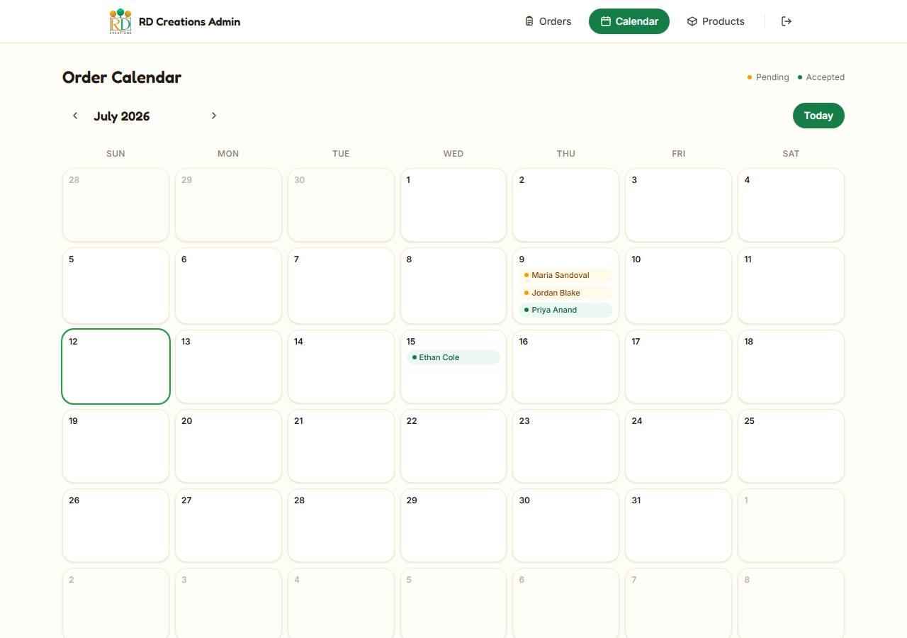 Admin pickup-date calendar view (customer names shown are sample data, not real orders)