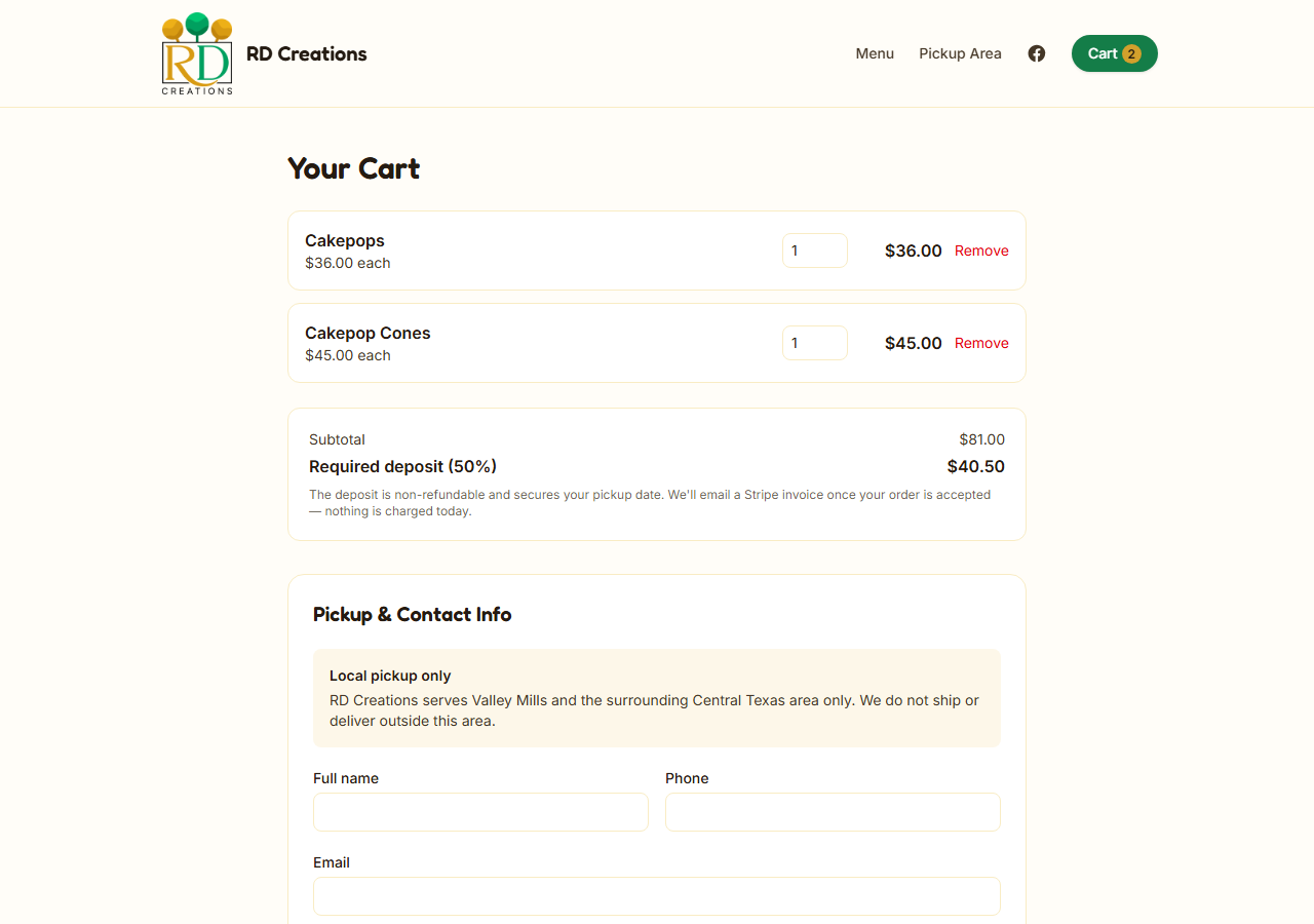 Live storefront: cart summary with subtotal and required deposit, and the pickup-only checkout form